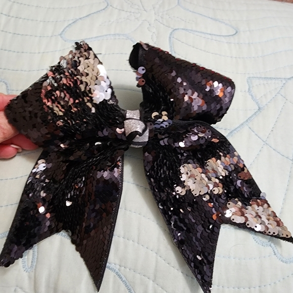 Black and Silver sequin Cheer bow - Picture 6 of 7